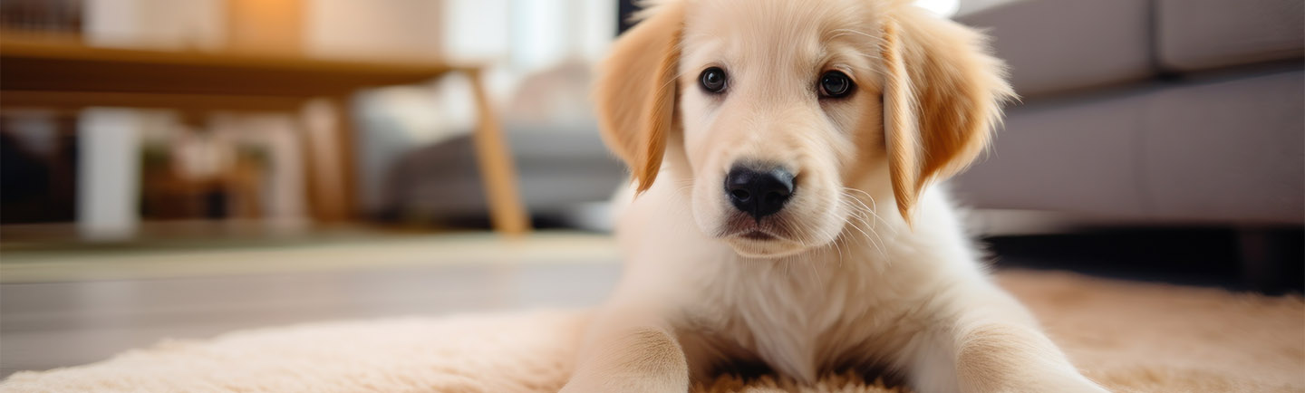 A golden retriever puppy lies on a fluffy carpet in the living room.