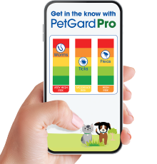 Hand with phone showing PetGard Pro screen