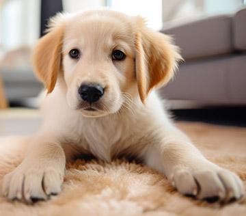 A golden retriever puppy lies on a fluffy carpet in the living room.